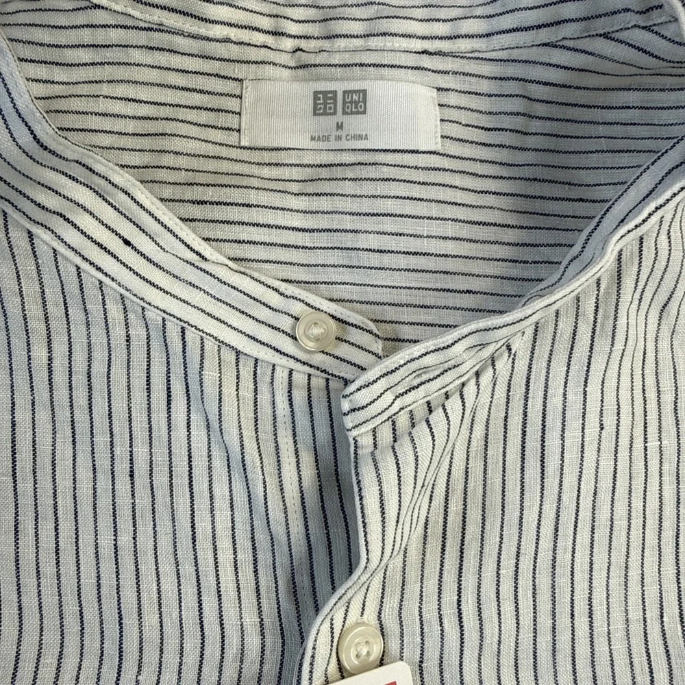 NWT Uniqlo premium linen standup collar shirt White Blue Stripes Medium Preppy - Picture 5 of 11